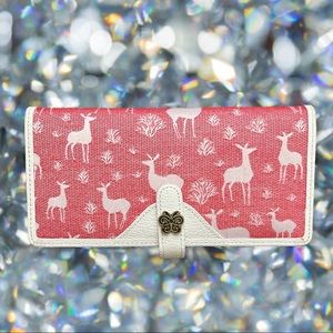 Anna Sui Red White Winter Deer Rare Long bifold wallet Butterfly Press Closure